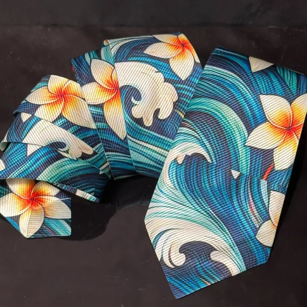 Hawaiian Floral Menswear Necktie Aloha Neckwear Resort Gift Tropical Blue Tie